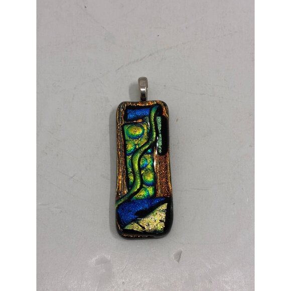 Handcrafted Dichroic Glass Pendant With Abstract Multicolor Design & Silver-Tone - Picture 5 of 5